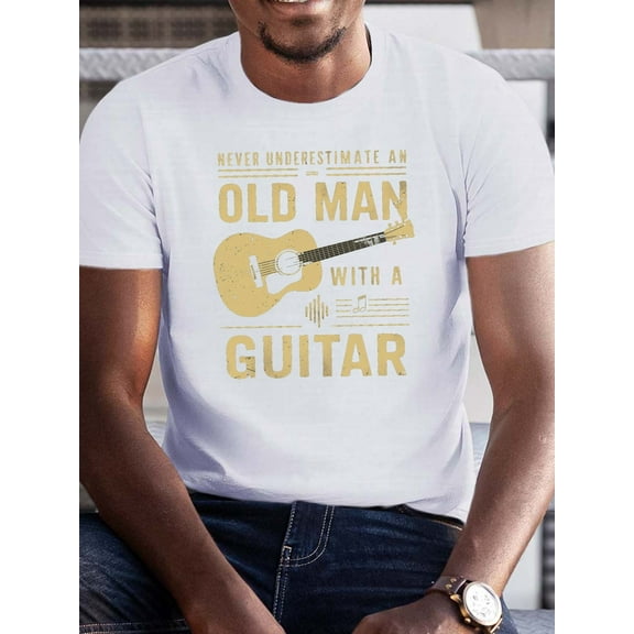 Men's Casual Guitar Graphic T-Shirt - "Old for Man with a Guitar" Design, Short Sleeve Crew Neck, Summer Tee, Polyester Blend, Lightweight & Breathable for Music Lovers, Music Lover Apparel | Casual