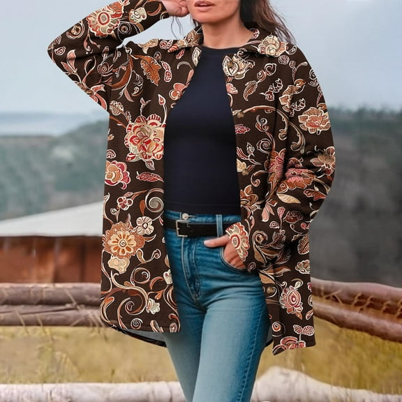 Cutuoiiu Jackets for Women Vintage Ethnic Printed Long Sleeve Button Womens Tops Loose Lapel Shirts Gifts for Women