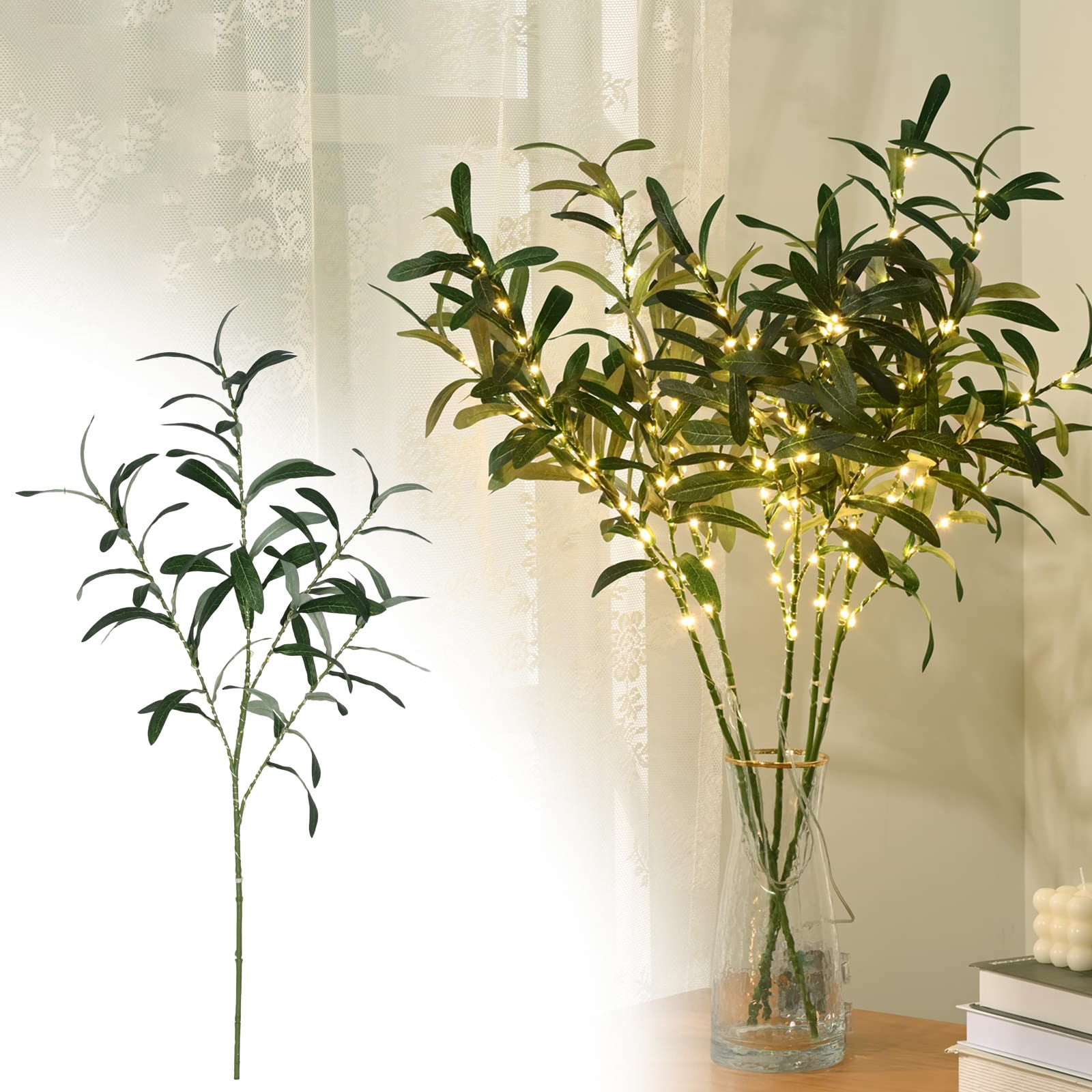 RZDLIZJ 5pcs 37.4'' Olive Branches for Vases with Battery Operated Lights, Lighted Olive Tree Branches with Timer, Artificial Greenery Stems Decor for Centerpieces Flower Arrangements Vases