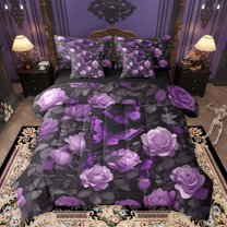 Homewish Teenagers Adults Chic Floral Purple Rose Bedding Comforter Set 7 Pieces,Flying Butterflies Full Bedding Set Lightweight,Happy Valentine'S Day Fitted Sheet Flat Sheet