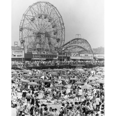 High angle view of tourists on the beach Coney Island Brooklyn New York City USA Poster Print (8 x