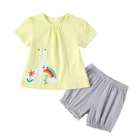 

Outfits Set For Girls Toddler Short Sleeve Rabbit Cartoon Prints Tops Shorts Two Piece Casual Suit Outfits