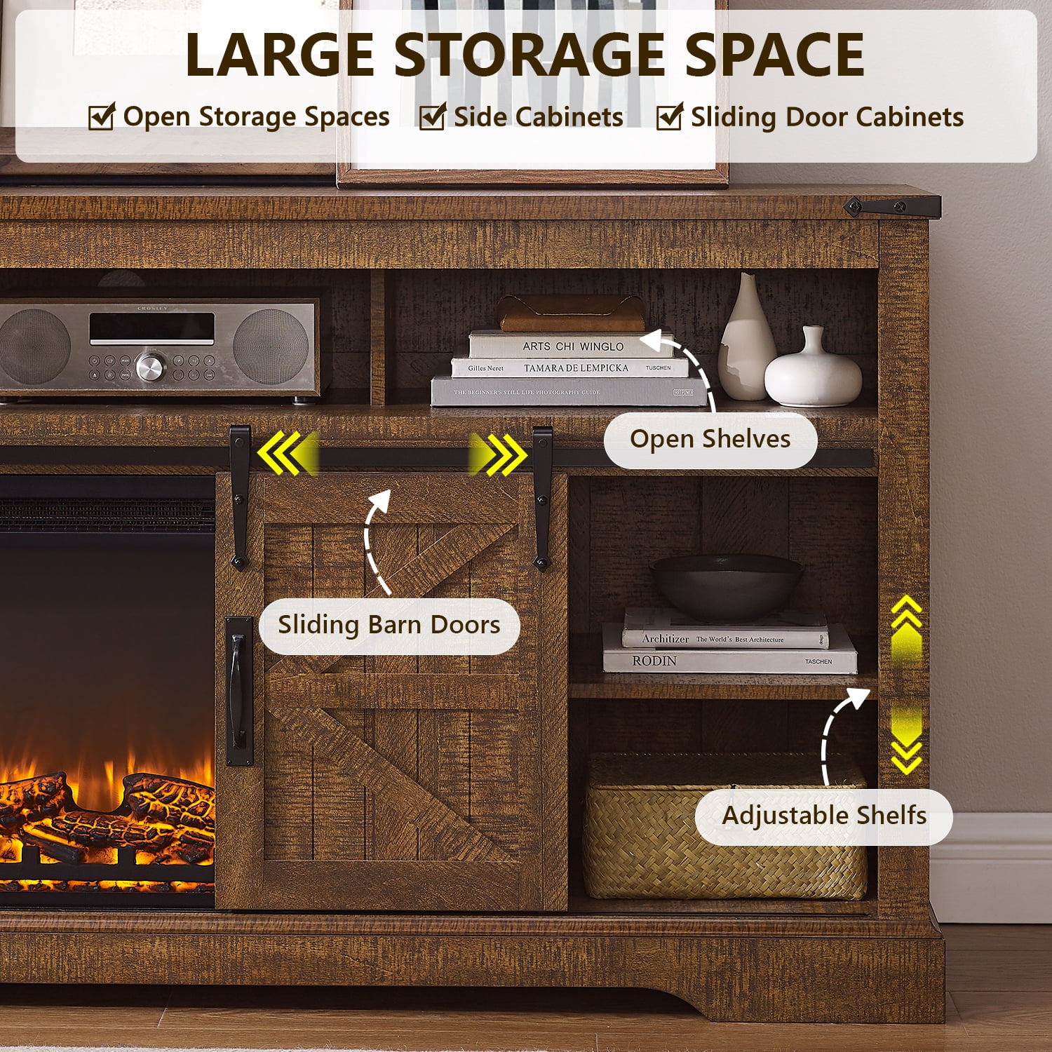 KeyWhat Farmhouse Fireplace TV Stand for TVs up to 80", 37" Electric Fireplace & Barn Door