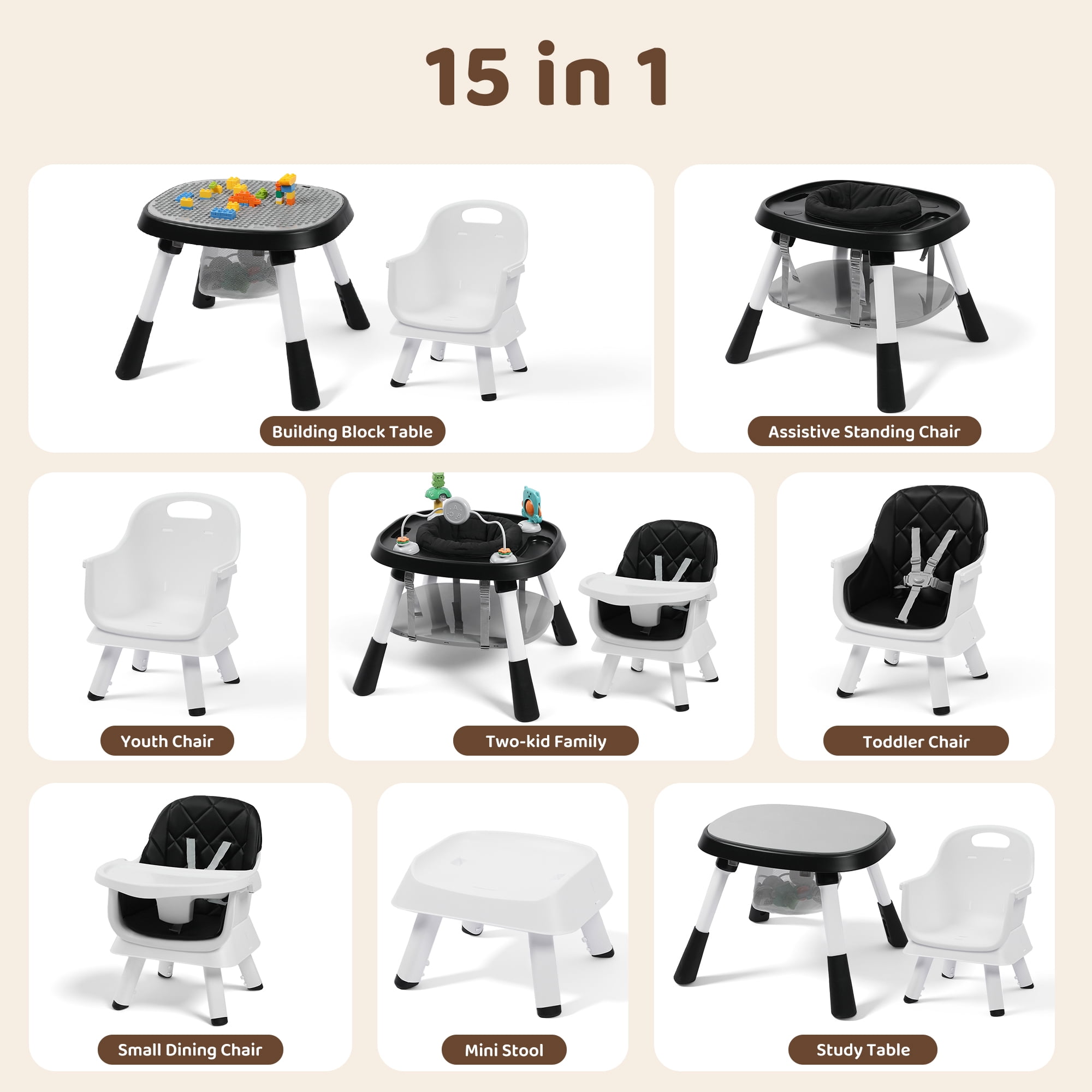 AILEEKISS 15-in-1 Baby High Chair, Toddler Dining Booster Seat with Activity Center, Black