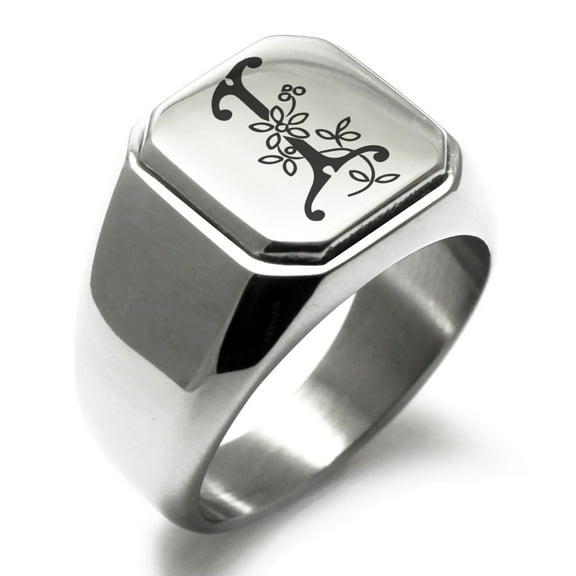 Stainless Steel Letter I Initial Floral Monogram Engraved Engraved Square Flat Top Biker Style Polished Signet Ring