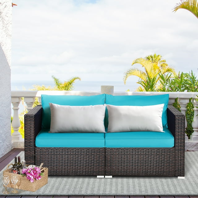 Costway Ensemble de Mobilier Sectionnel d'Angle en Rotin pour Patio 4 Pcs Coussin Bleu