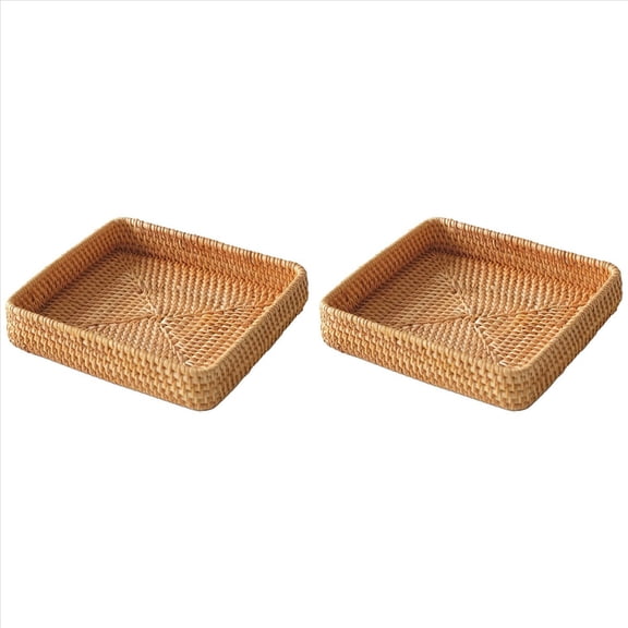 2X Rattan Serving Tray,Square Woven Tray Wicker Storage Basket,Square Baskets