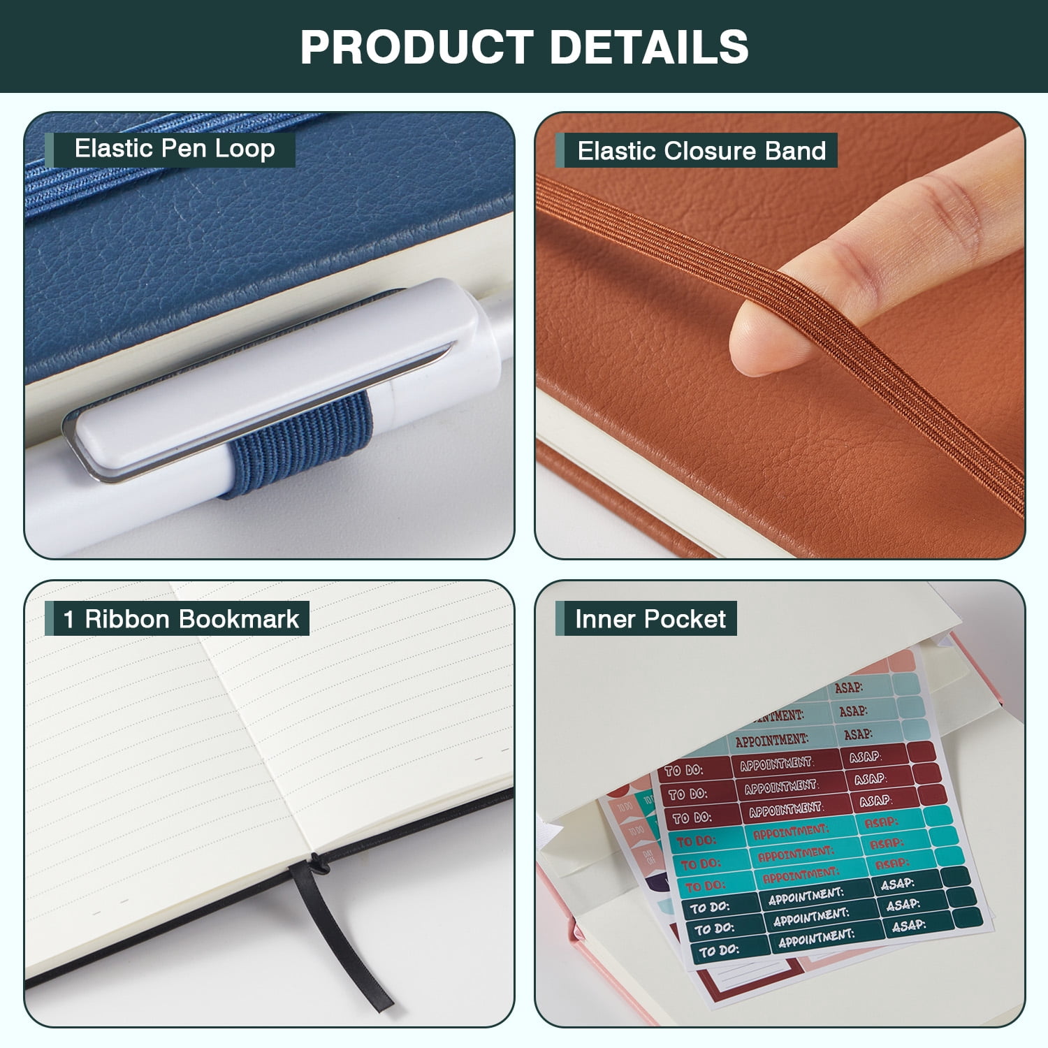 NIRMIRO 6-Pack A5 Hardcover Journal Notebooks, College Ruled with Pen, 5.7"x8.4" Faux Leather Cover, Inner Pocket & Elastic Closure, 100GSM Thick No-Bleed Paper, Multi-Color Set for Work, School