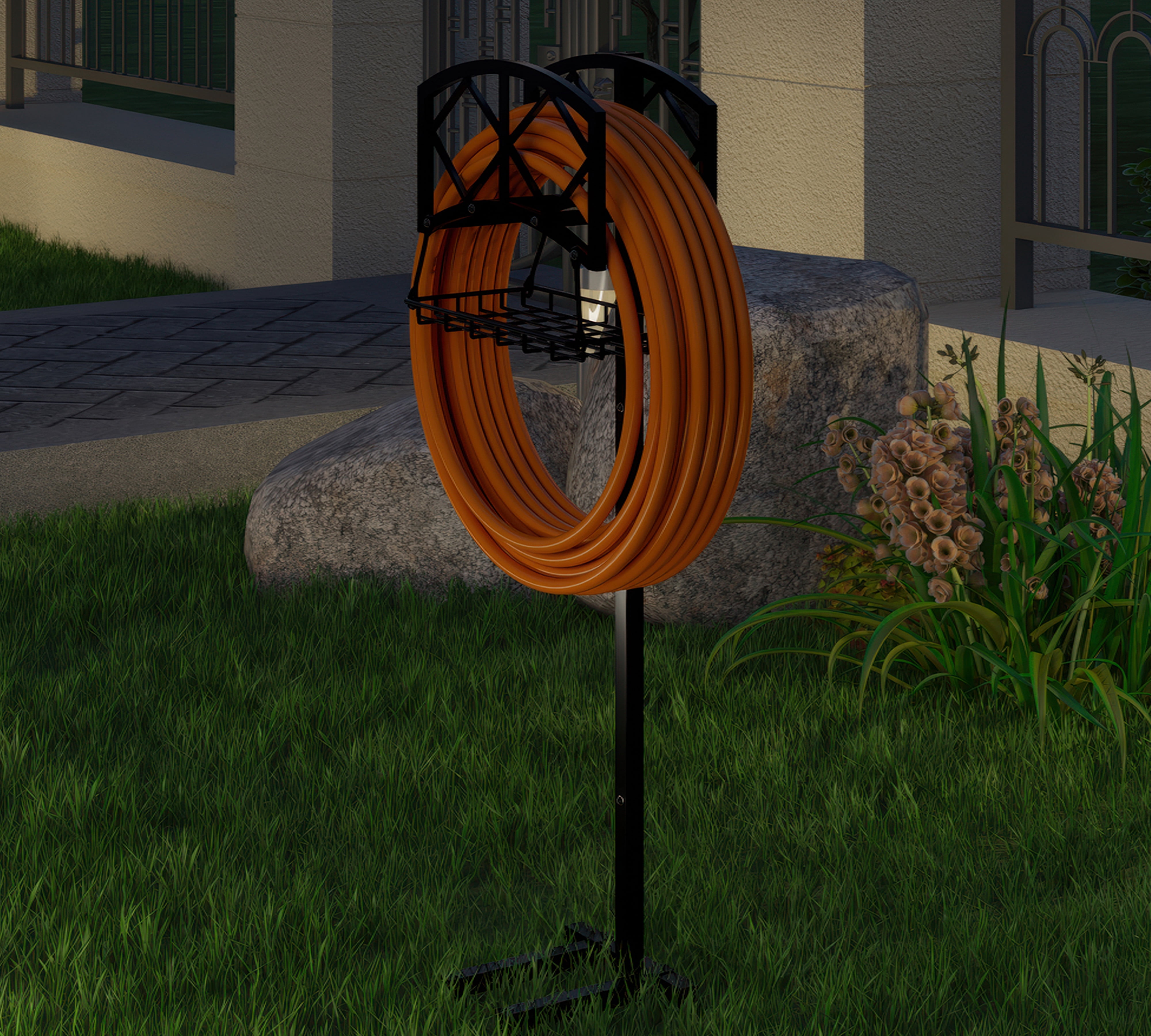 Fire Beauty Freestanding Garden Hose Holder for Outdoor - Heavy Duty In-Ground Hose Rack Organizer with Detachable Stake, Holds 150ft Hose & Reel Stand, Rust-Proof Lawn Yard Water Hose Hanger (Black)