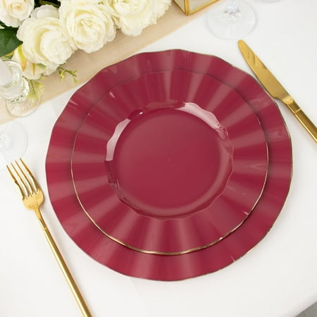 

Efavormart 10 Pack | Burgundy 9 Round Plastic Dinner Plates Disposable Tableware with Gold Wavy Rim for Wedding Outdoor Receptions Banquets Holiday Dining