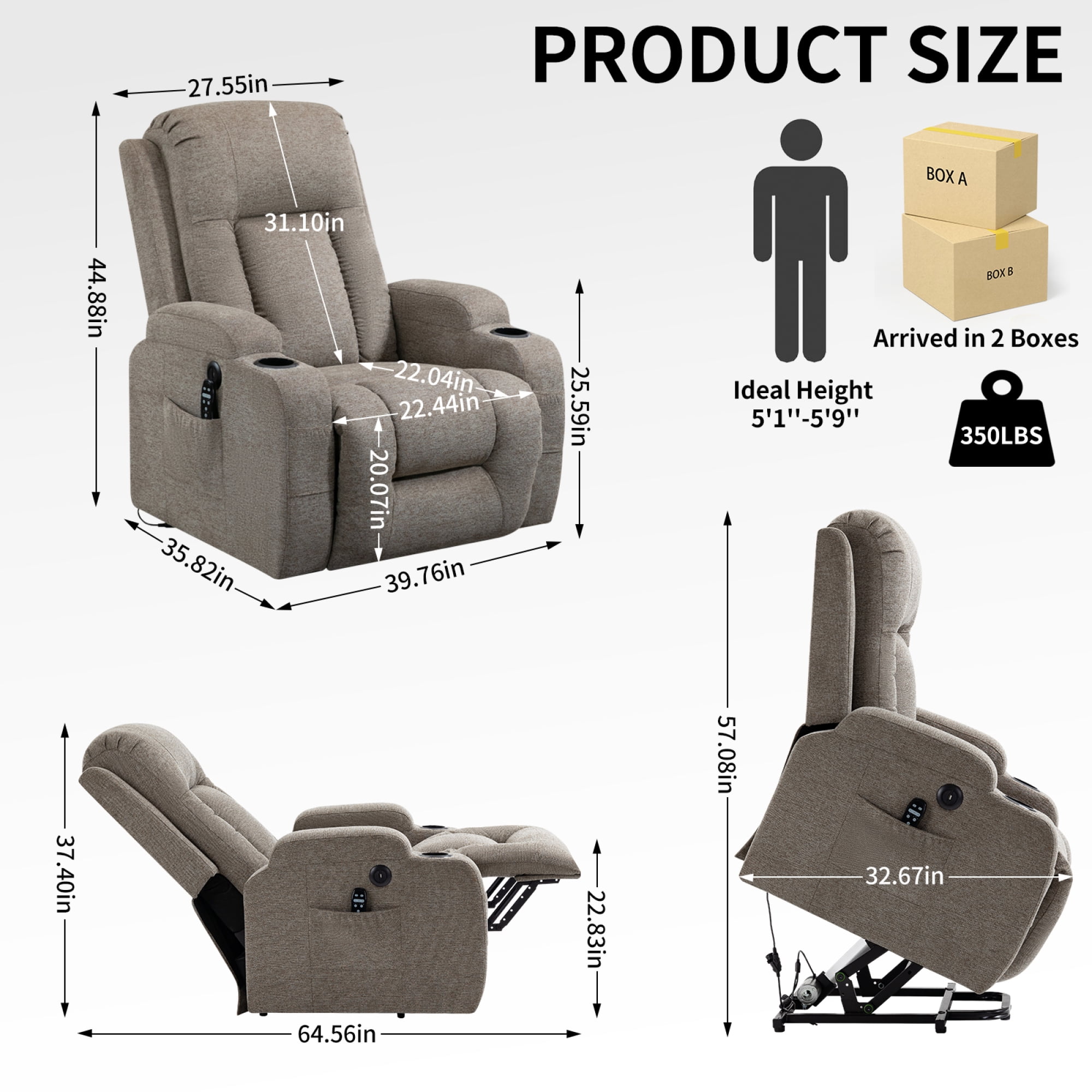 Power Lift Recliner Chair for Elderly,Heavy Duty Infinite Position Recliner Chair with 8-Point Vibration Massage and Lumbar Heating,USB Charging Port, Cup Holders,Brown