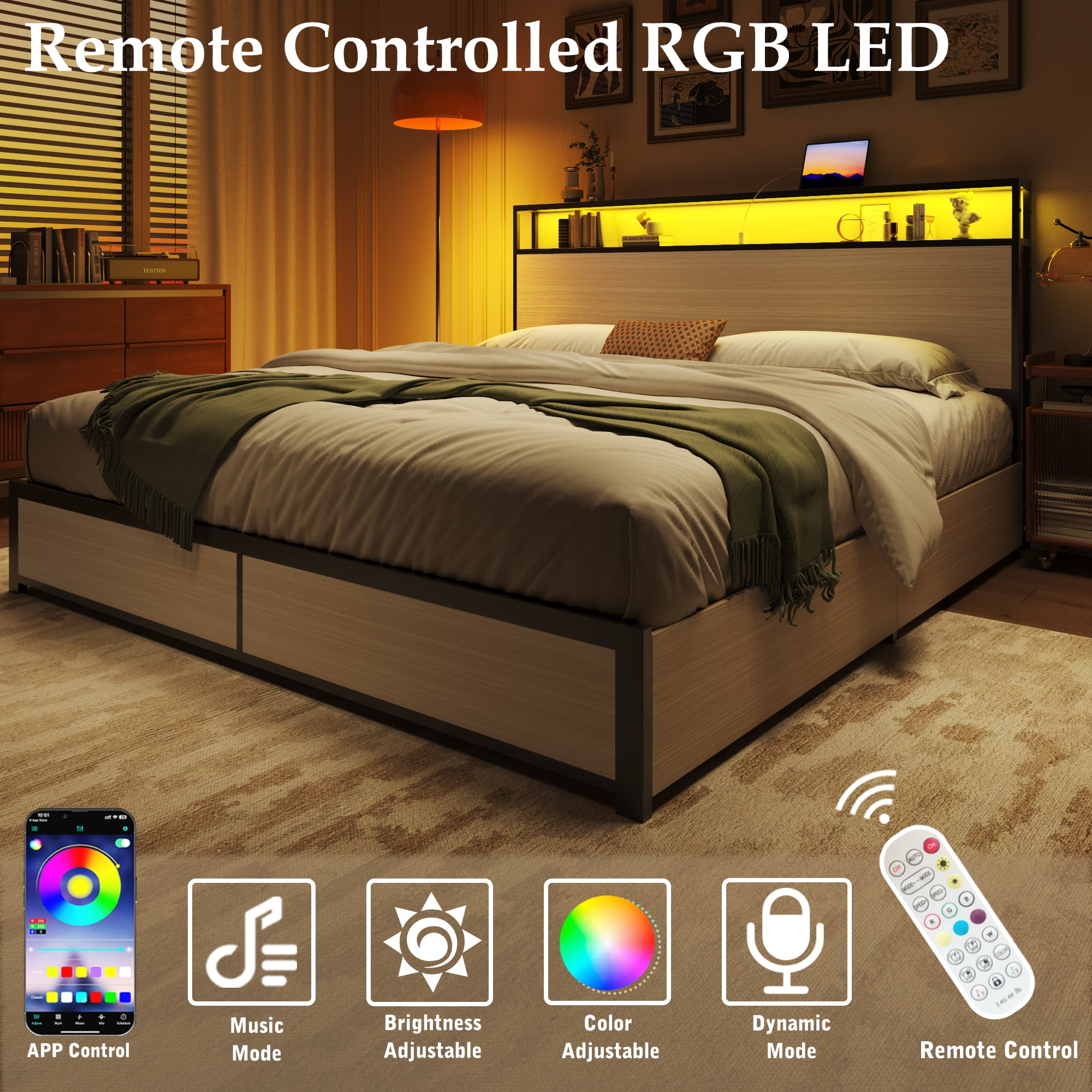 Fluest King Bed Frame with 2-Tier Storage Headboard, USB Port and LED Light, 4 Storage Drawers, Beige