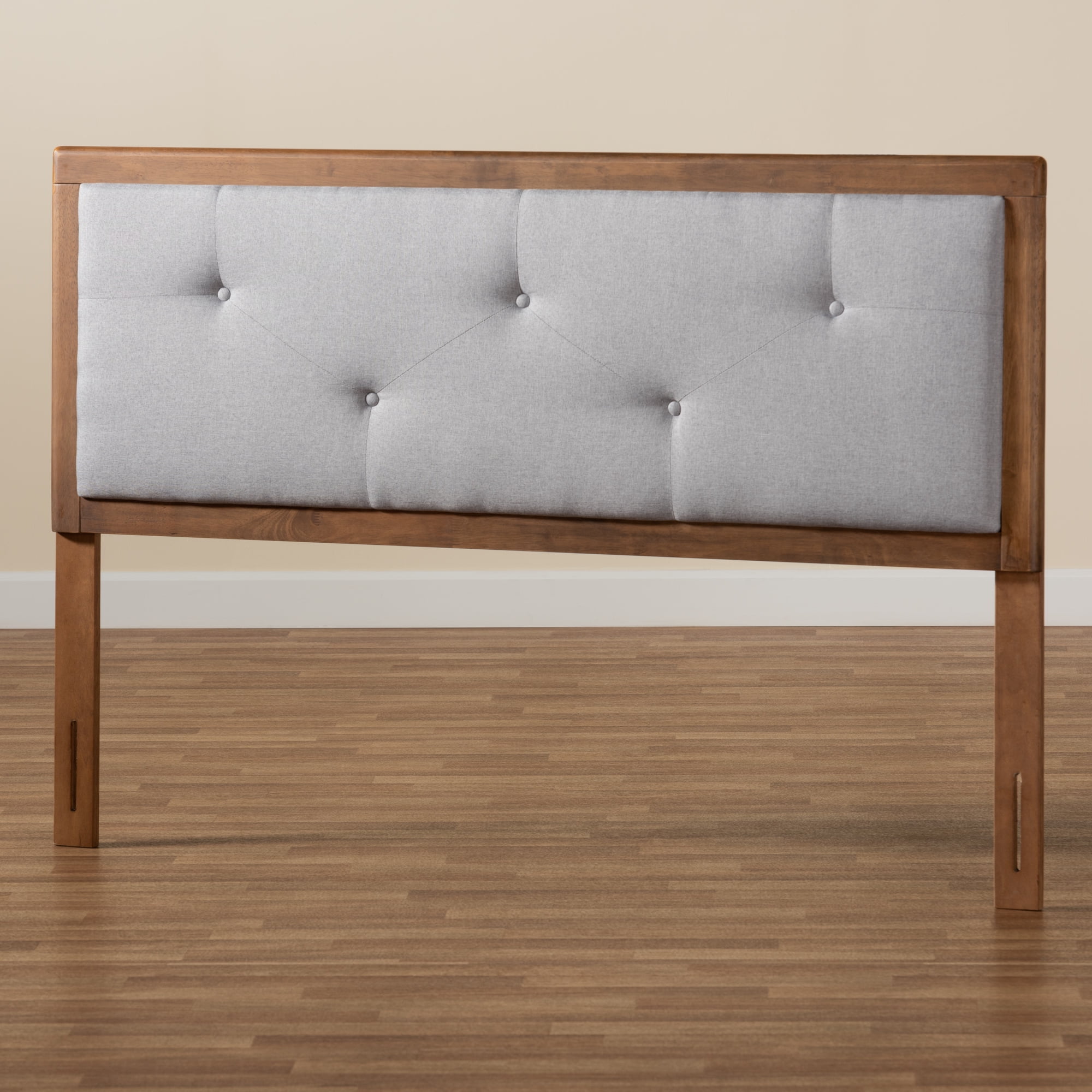 Baxton Studio Abner Modern and Contemporary Transitional Light Grey Fabric Upholstered and Walnut Brown Finished Wood Queen Size Headboard