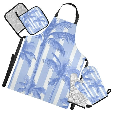 Blue Wide Stripes Coconut Trees Apron Set with Oven Mitts Pot Holders Set of 5 Kitchen Stuff Accessories