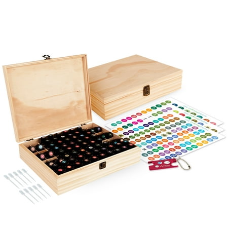 Wood Essential Oil Box Organizer - Holds 68 Oils - Includes Essential Oil Sticker Labels, Bottle Top Removal Tool & Pipettes