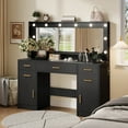 thumbnail image 3 of TOKSOM Modern Black Makeup Vanity Desk with Lighted Mirror & Charging Station, Elegant Vanity Table with 5 Drawers & 2 Cabinets, 3 Lighting Modes Bedroom Vanity Dresser Set with Gold Handles, 3 of 13