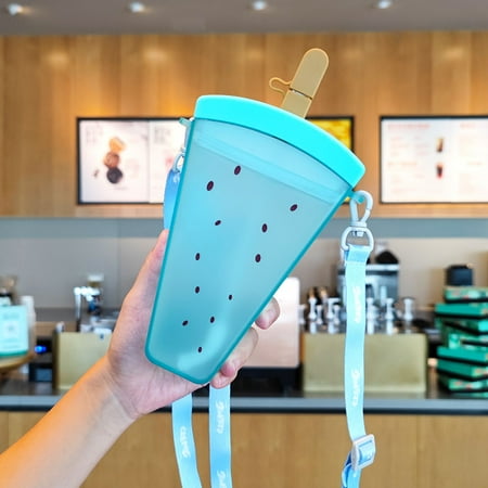 

Plastic Water Bottles Cute Watermelon Ice Cream Water Bottle with Straw Bottle Anti-fall Portable Popsicle Cup Kids Water Cup