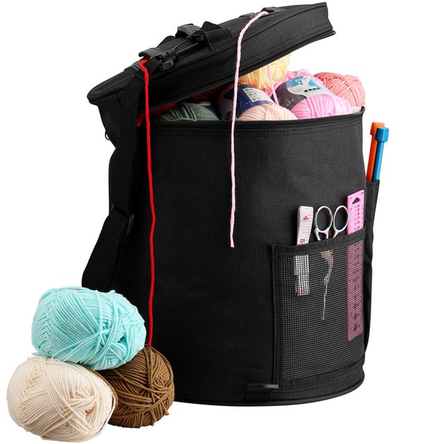 MesaSe Large Capacity Yarn Storage Bag with Multi-Pockets Barrel-Shaped Knitting Storage Bag Portable Yarn Knitting Organizer Bag with Hnadle Strap Home Travel Use for Hooks Needles Yarn