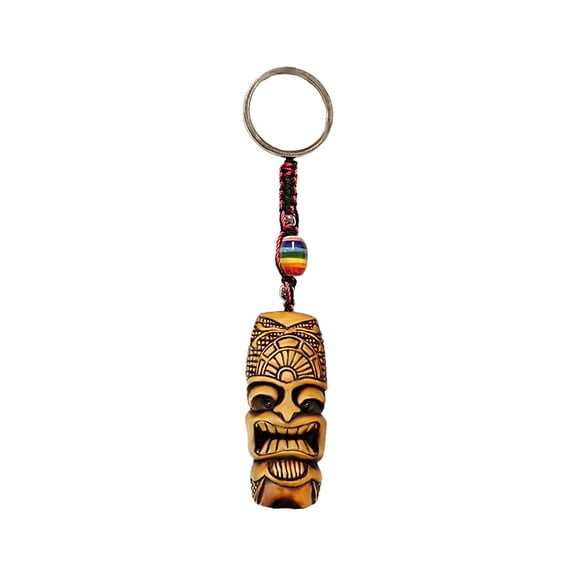 Ku Polynesian Tiki Head 3D Figurine Keychain Multicolored Macramé Metal Ring - Handmade Gifts Boho Car Keys Bag Accessories