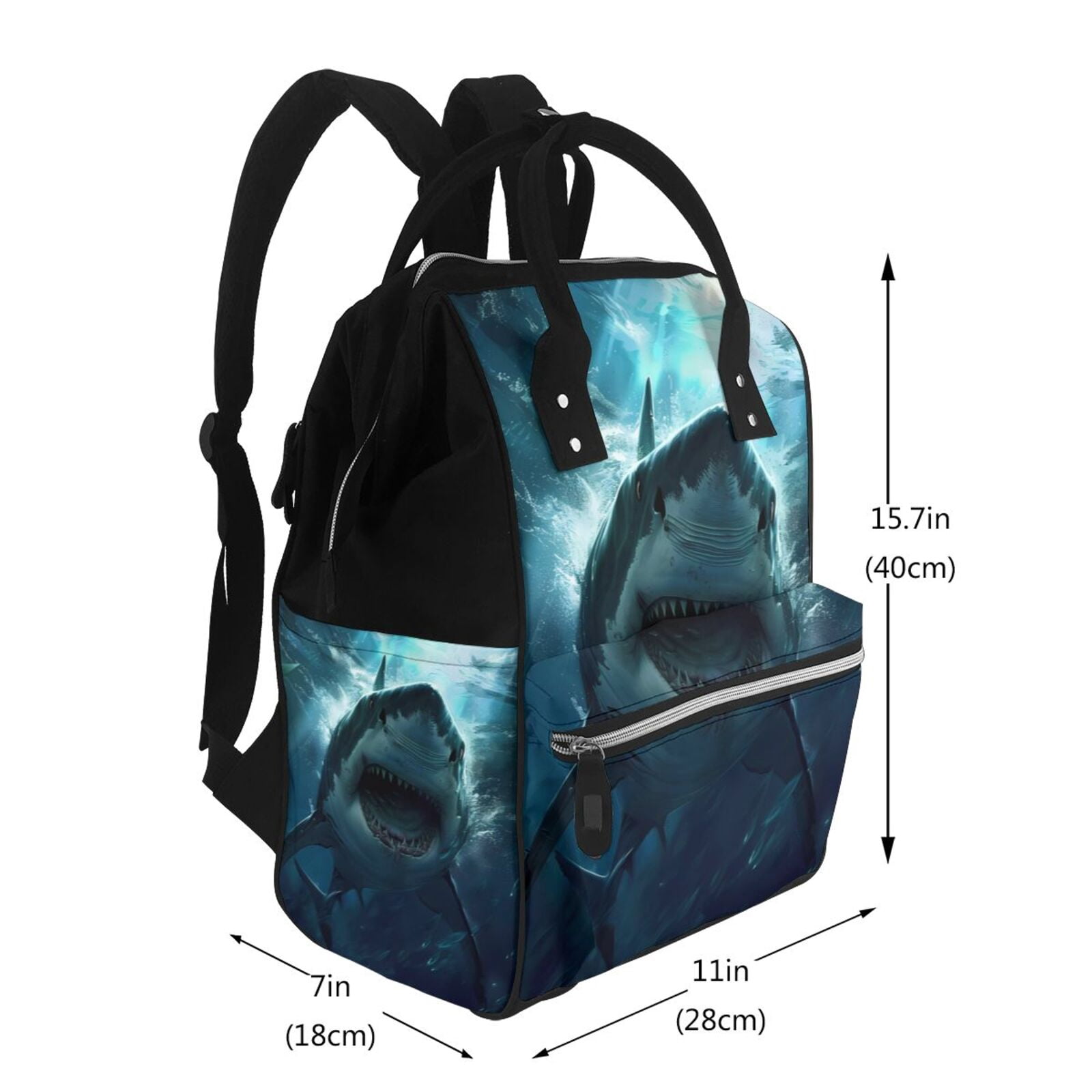 Ratiio Undersea Shark Mummy Backpack - Waterproof Twill Canvas, Large Capacity Diaper Bag with Multiple Pockets and Adjustable Straps