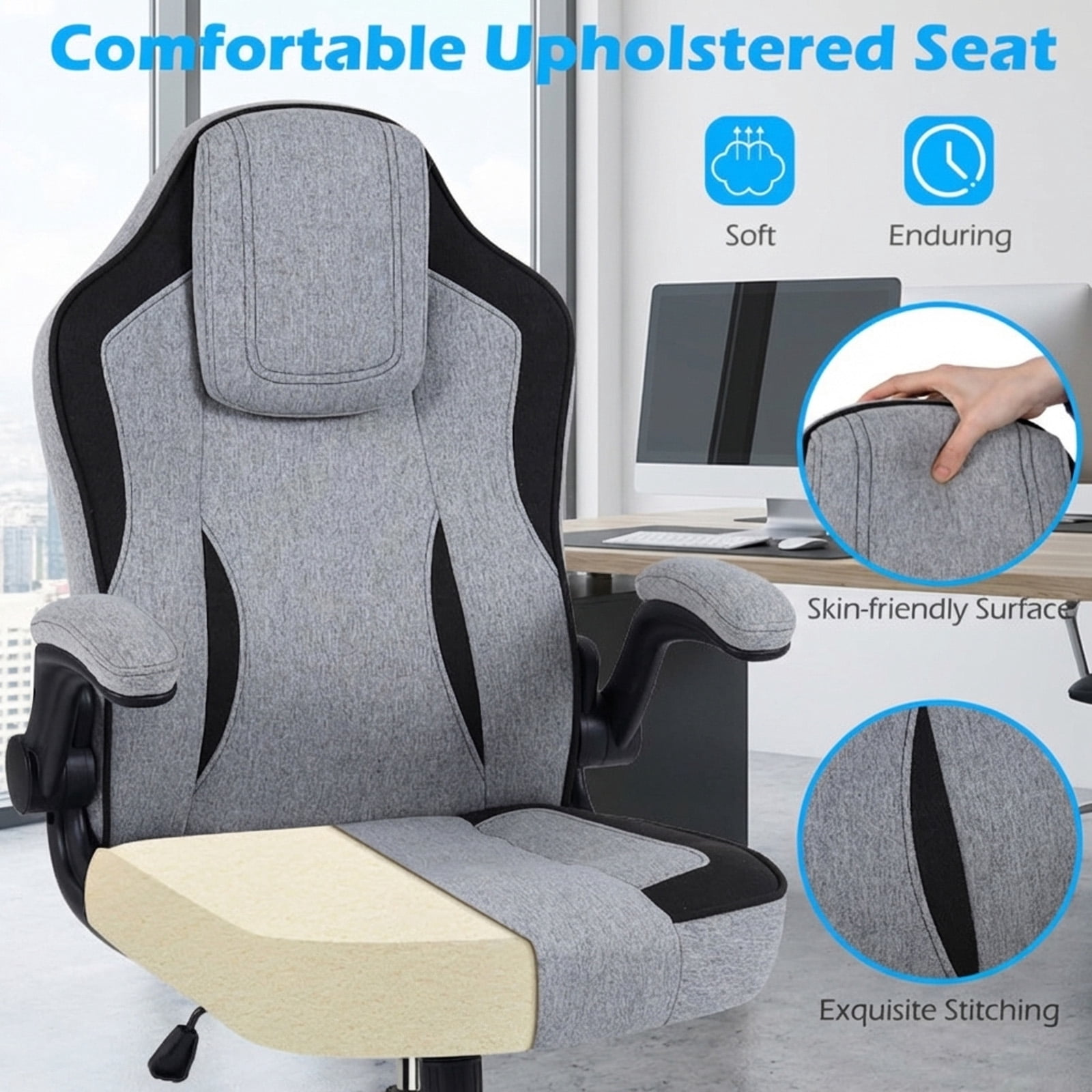 Furnibear Ergonomic Office Chair High Back Executive Desk Chair with Flip-up Armrests, Headrest, Lumbar Support, Computer Chair for Home Office, Gray