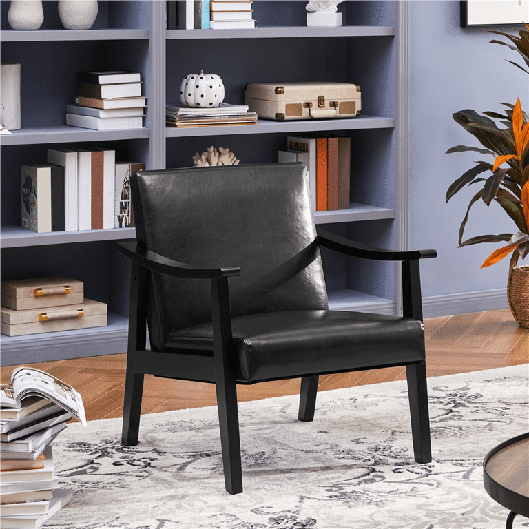 Alden Design Mid-Century Accent Chair, Black Faux Leather photo 3