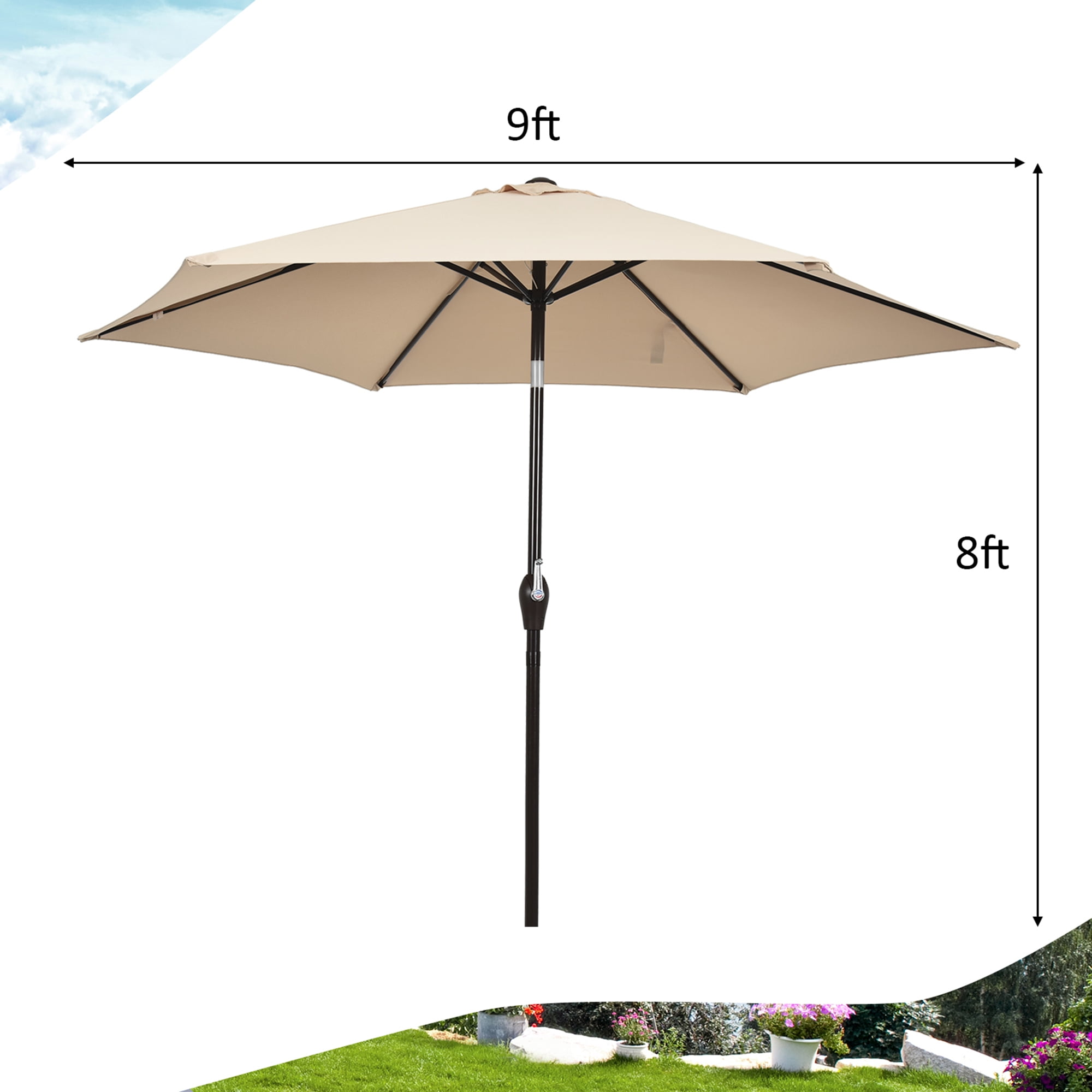 Gymax 9 ft Outdoor Patio Market Table Umbrella Garden Yard w/ Crank 6 Ribs Beige