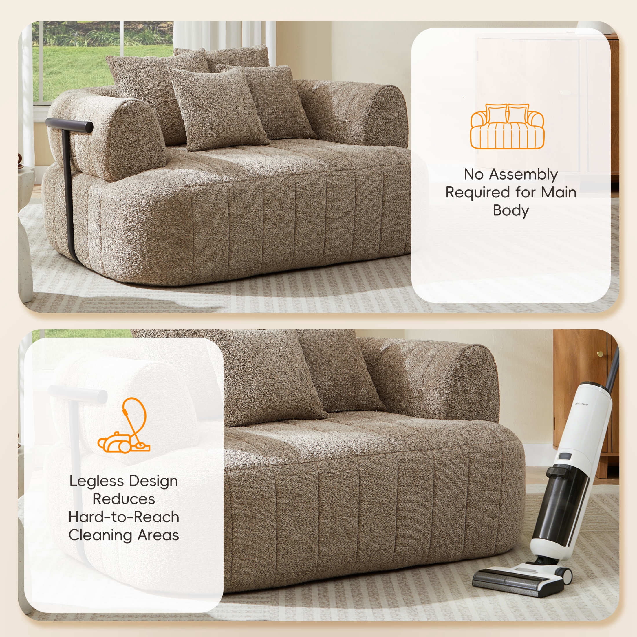 Noble House Quincia 64" Oversized Boneless Chaise Lounge with Boucle Upholstered, Cozy Comfy Cloud Sofa Bed, Khaki