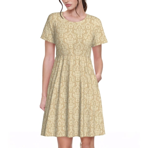 Balery Damask Beige Tan Brown Vestidos sueltos de manga corta para mujer, vestidos de verano 2025, vestidos casuales de corte A con vuelo.
