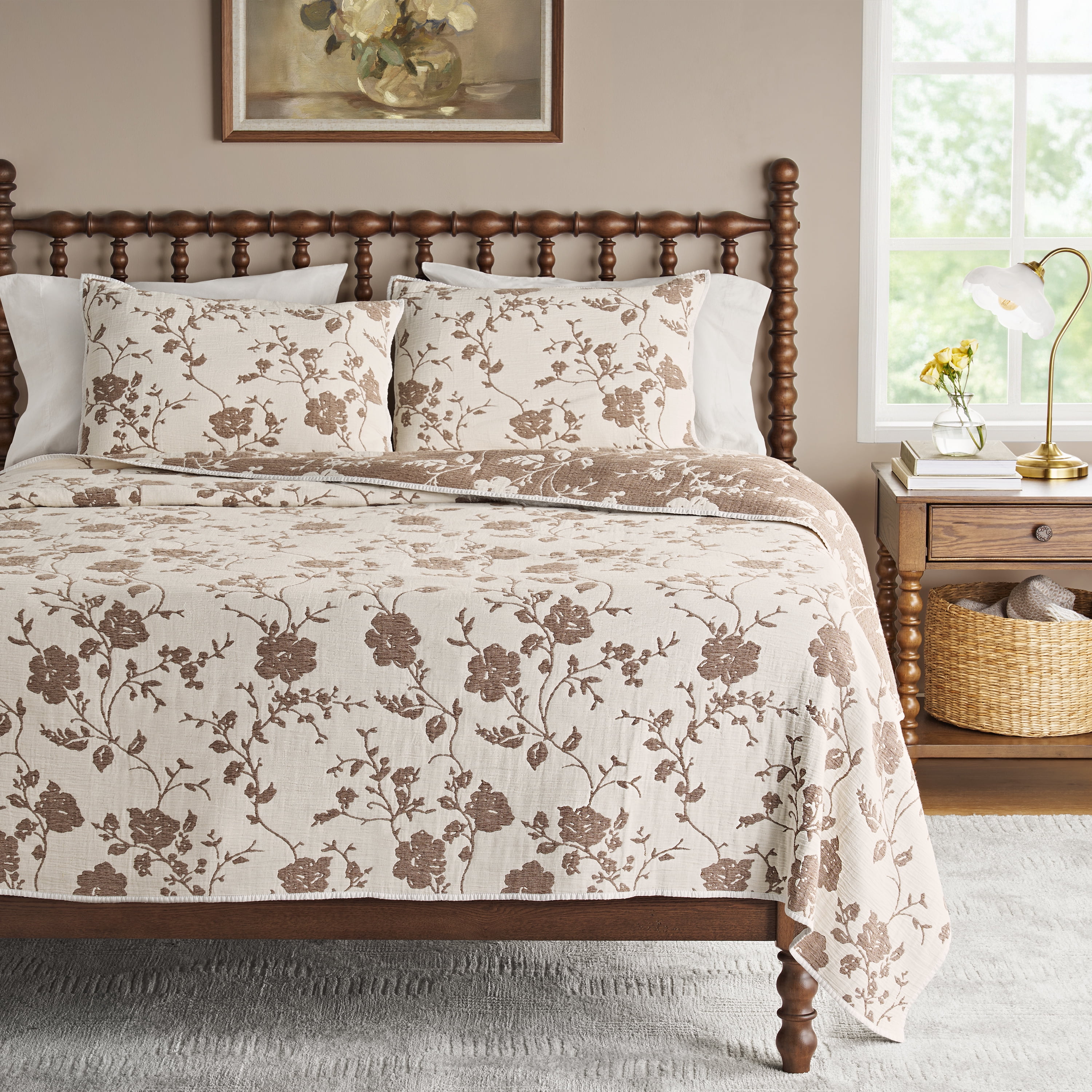 The Pioneer Woman Agatha Floral Gauze Quilt, King, Tibet Brown, Reversible Bedding