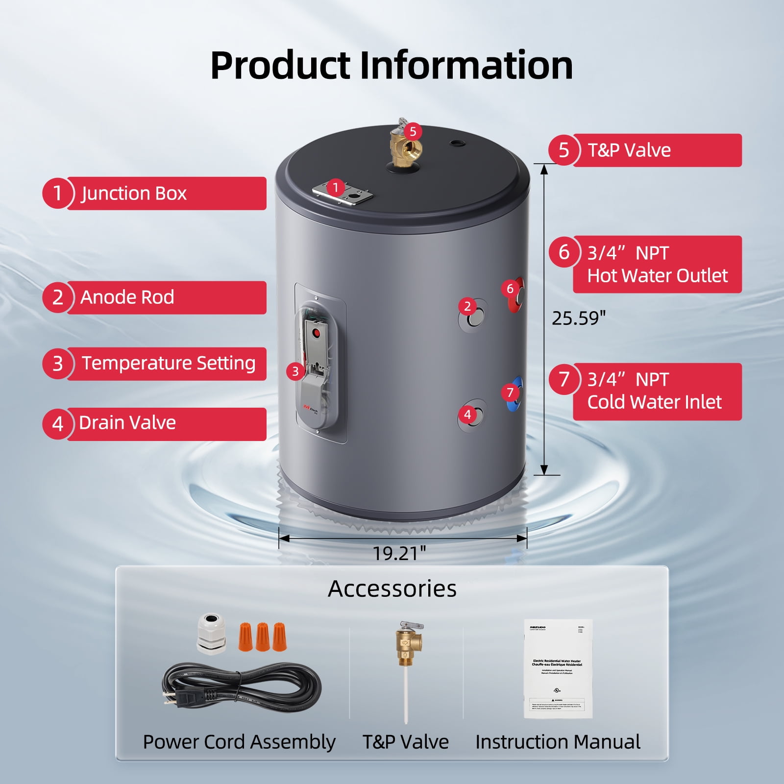 Mizudo 18 Gallon Electric Short Tank Water Heater with T and P Valve, 1500Watts, 120-Volt, Water Connection 3/4 in Npt