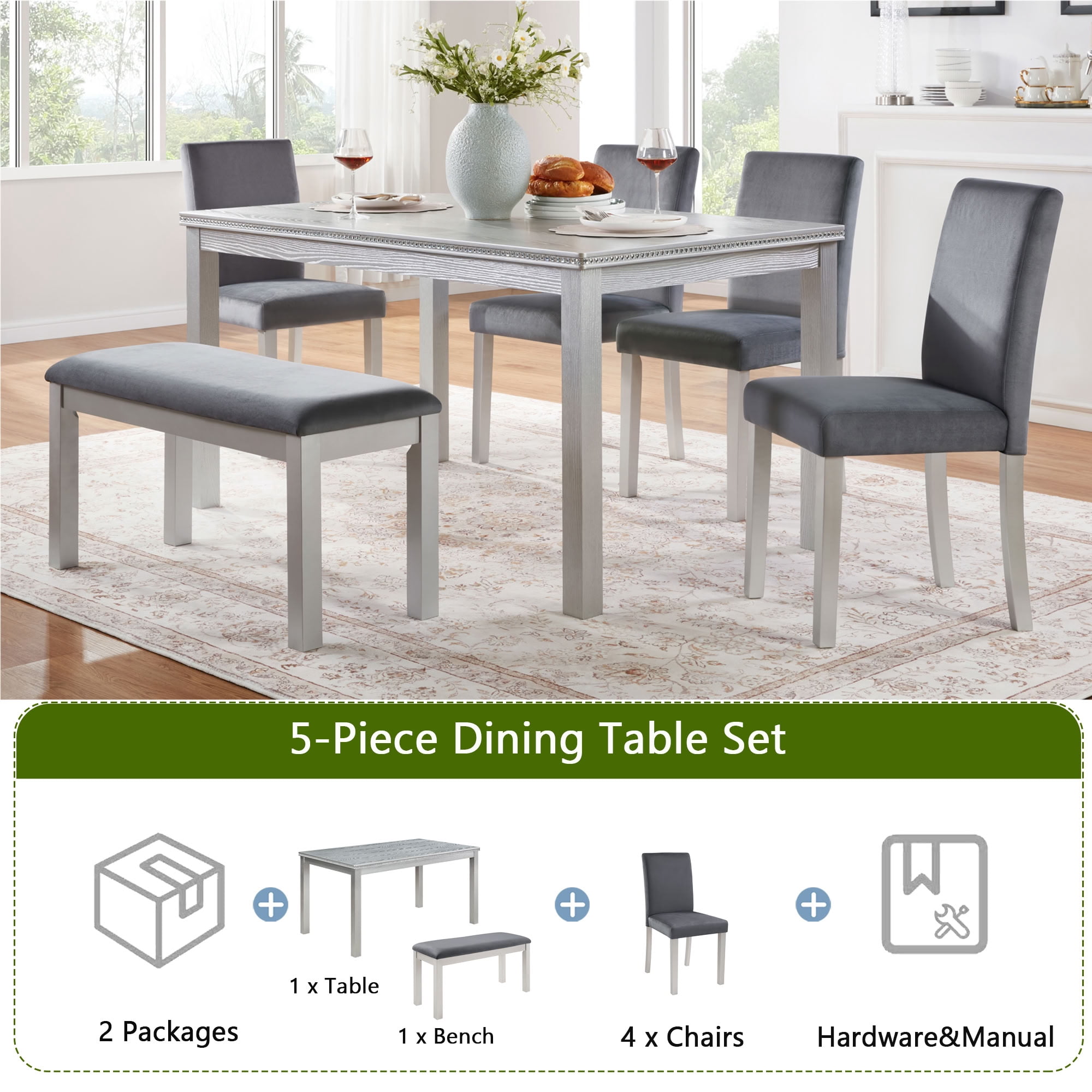 MAYEERTY 6-Piece Dining Table Set, Modern Wooden Dining Set for 6 with 4 Upholstered Chairs and Bench for Kitchen Dining Room, Silver Grey