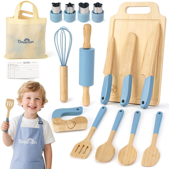 Set de cocina Dreamon Wooden Kids de 29 piezas con delantal y tabla