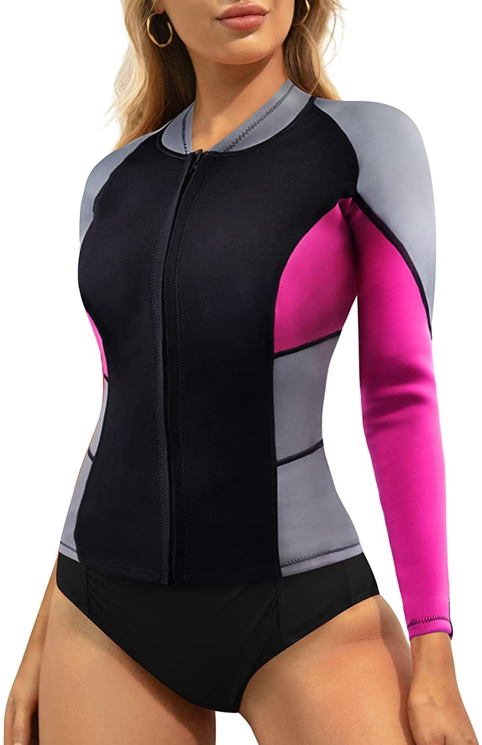 CtriLady Wetsuit Top 1.5mm High-Necked Women Wetsuit Long Sleeve Jacket Neoprene Wetsuits with Front Zipper for Swimming Diving Surfing Boating Kayaking Snorkeling 