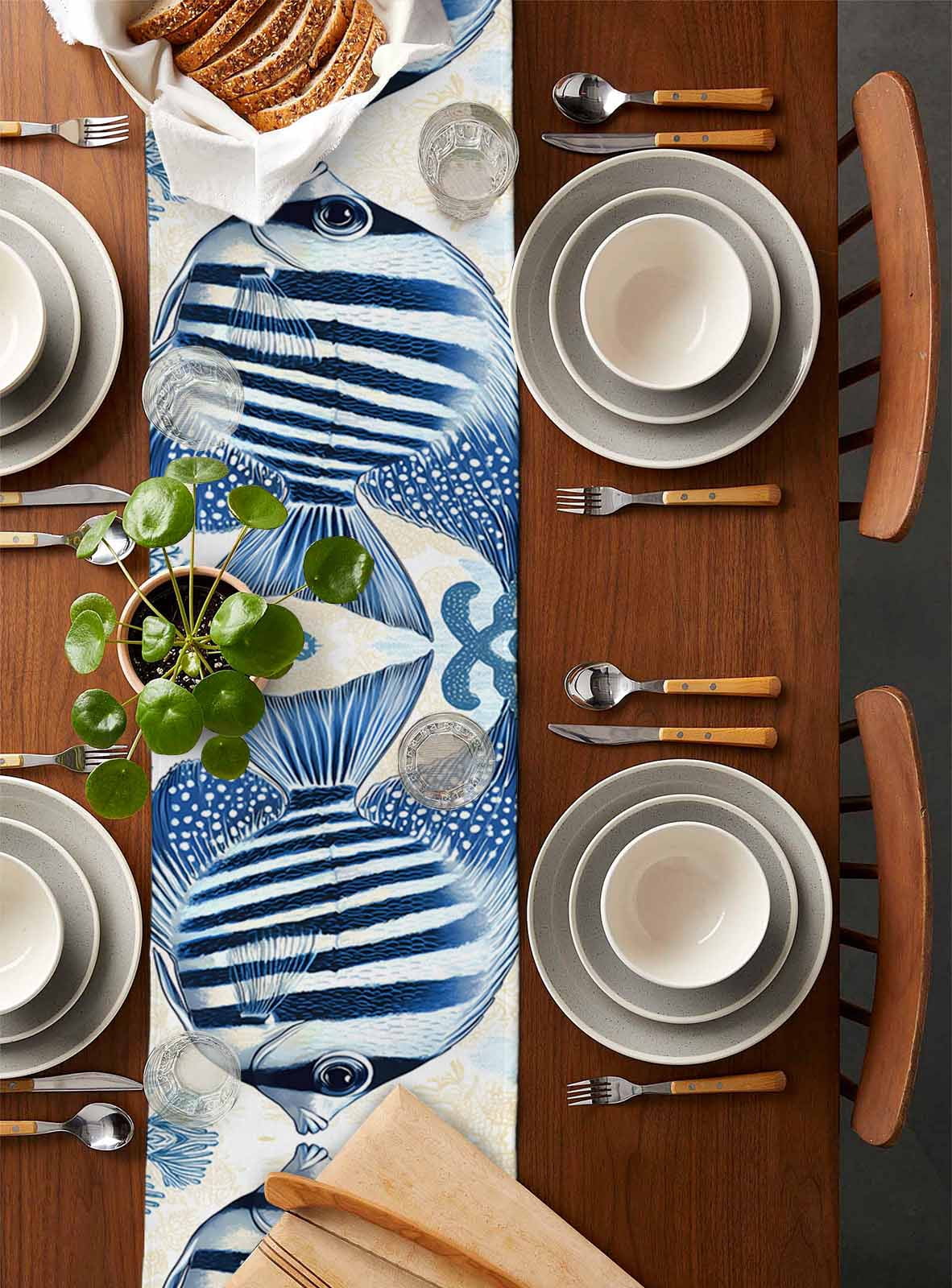 Blue Yellow Ocean Table Runner Cotton Linen 60 Inch Holiday Dresser Scarves, Summer Coastal Stripe Fish Coral Tablerunner for Kitchen Coffee Dining Bedroom Living Room Dinner Scarf Décor 13''x60''