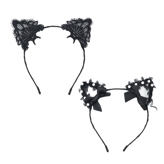 DESIGNICE 2026 New 2Pcs Headbands for Women Lace Cat Ears Headband Sexy Black Hair Band Pearl-Embedded Hair Accessories for Women Cute & Flirty Hair Bands 17X18Cm,Group1