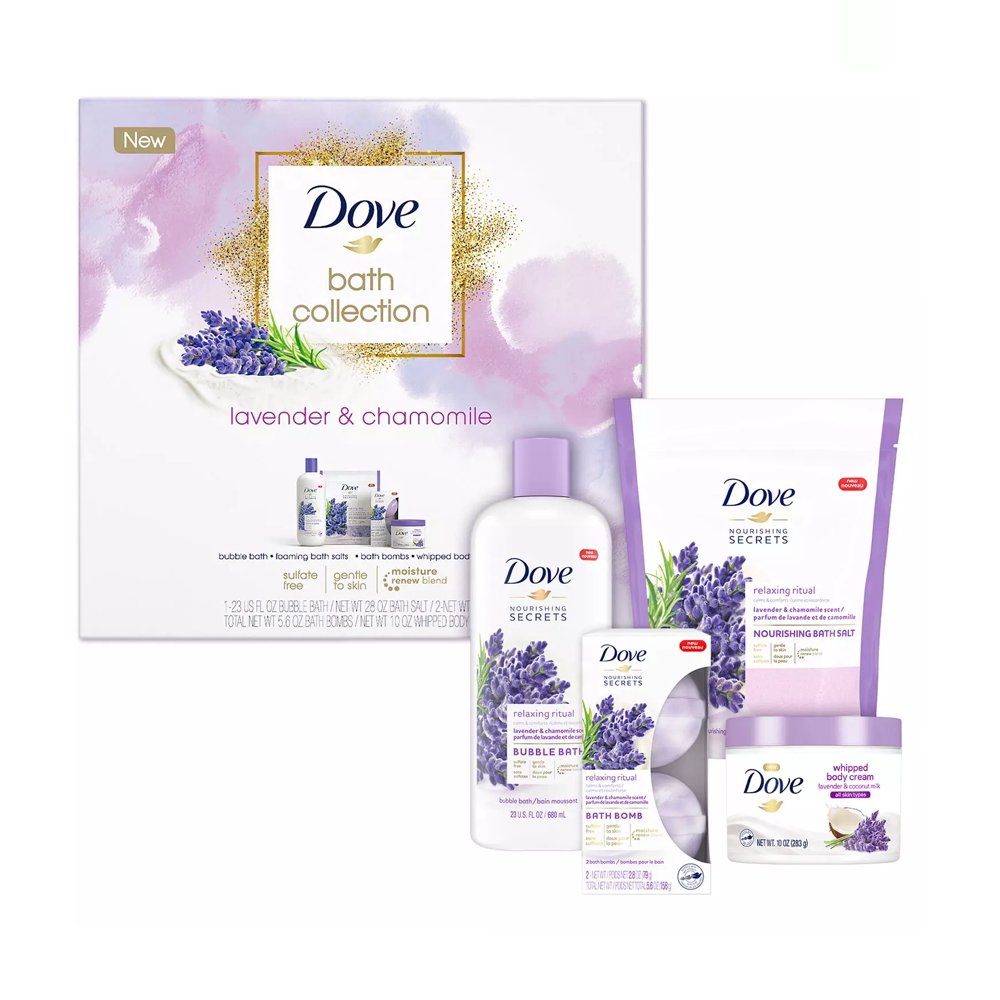 Dove Relaxing Care Bath Set Lavender and Chamomile, 4 Piece Gift Set