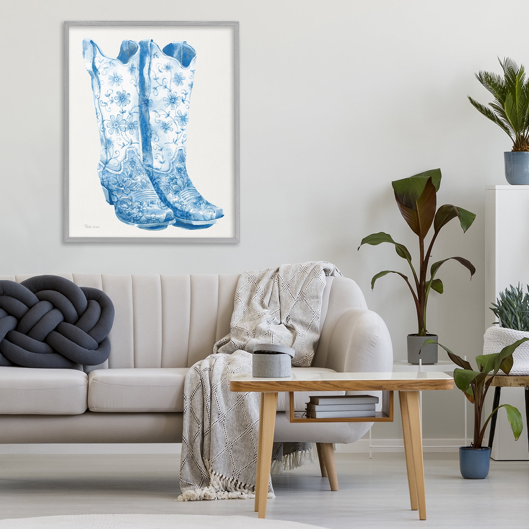 Stupell Industries Blue Boots with Floral Embroidery Gray Framed Giclee Art, design by Beth Grove