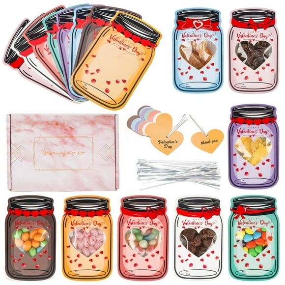 48 Kraft Paper Candy Jar Valentine Cards Set, Colorful Jars Happy Valentines Cards Personalized Children's Valentine's Day Greeting Cards For School Class Cards Set (Candy Not Included)