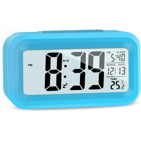 Alarm Clocks for Bedrooms,Digital Alarm Clock with LCD Screen,Snooze,12/24H,Battery Operated for Heavy Sleepers Adults Desk Travel Office (Blue)