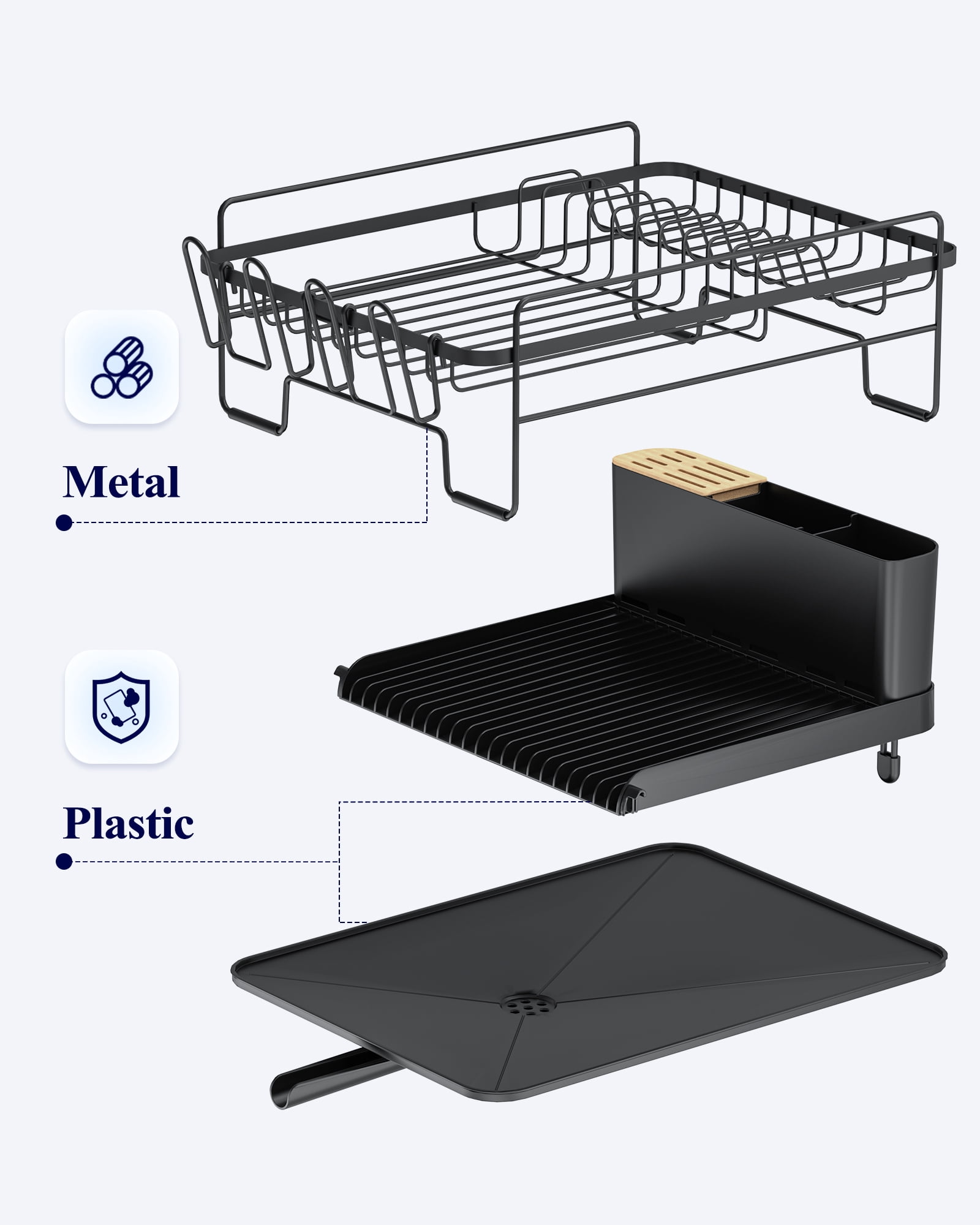 Sakugi Dish Drying Rack, Extendable Dish Drainer, Anti-Rust Dish Rack for Kitchen Counter, 26.2" x 12.9" x 7.2", Black