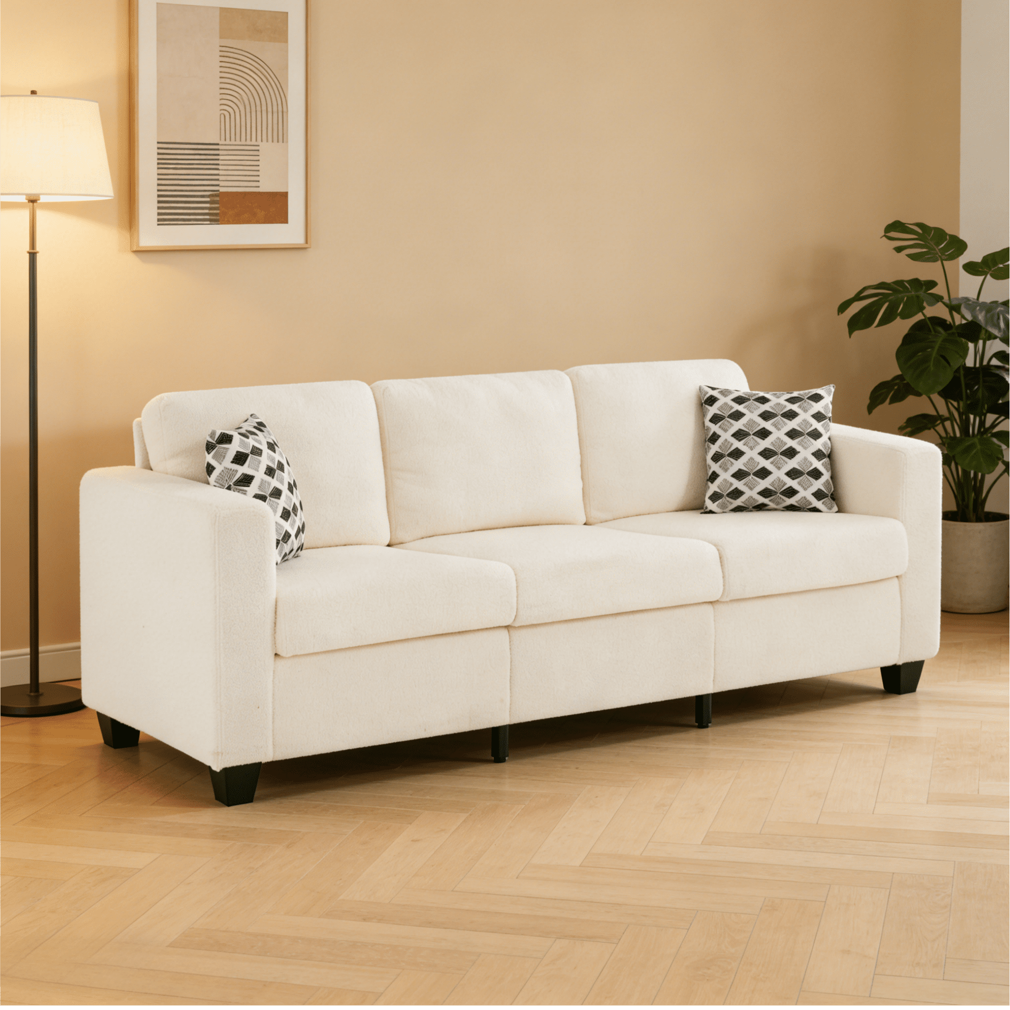 Gewnee 86.6”Teddy Velvet Sofa Couch,Comfy Extra Deep Seat 3 Seater Couches for Living Room with 2 Pillows.Beige