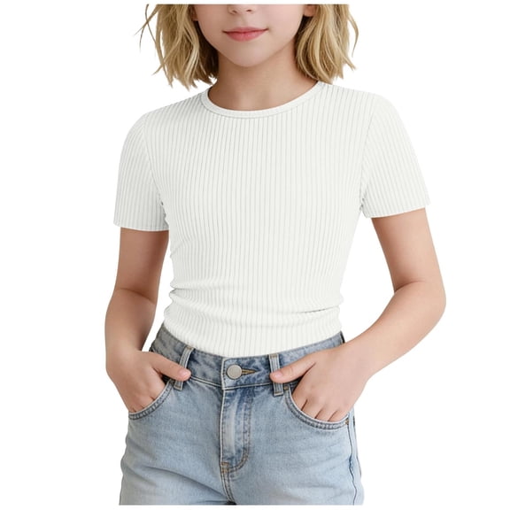 UAMVSH Girls Short Sleeve T Shirts Kids Ribbed Knit Crewneck Basic Tees Comfy Casual Slim Fit Summer Tops 5-16 Years