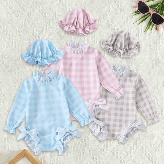 Solid Checked Hooded Rash Guard Sets Long Sleeved Girls' Summer Swimwear Two Piece Set Khaki 18 M-24 M