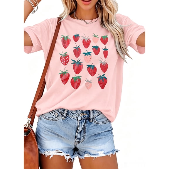 KimSoong Women Strawberry Cute Graphic T-Shirts Fruit Shirts Strawberries Print Cottagecore Clothing T-shirt Crew Neck Garden Tee Tops