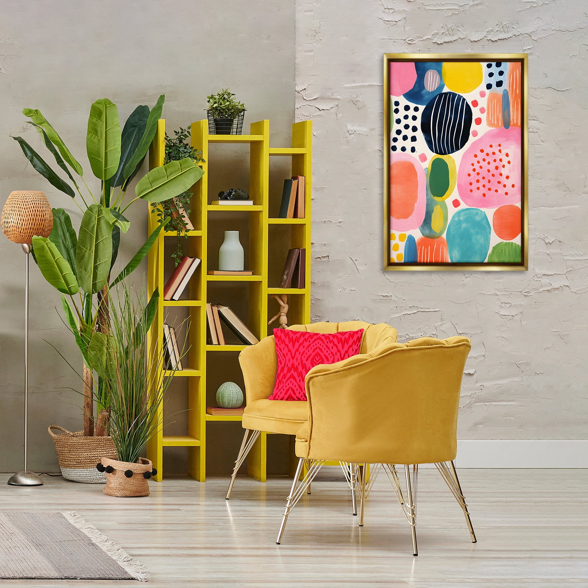 Stupell Industries Whimsical Patterned Shapes Abstract Painting Gold Floater Framed Canvas Art Print Wall Art, 21 x 31