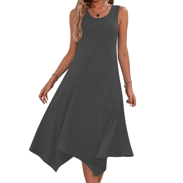 Summer Dress, Sleeveless Round Neck Dress with Ruffle Hem and Drawstring Waist, Casual A-Line Midi Length for Daily Wear