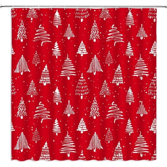 Christmas Tree Shower Curtain Red and White Xmas Pine Trees Snowflake Seamless Pattern Winter Holiday Happy New Year Festival Farmhouse Cartoon Decor Fabric Bath Curtain with Hook