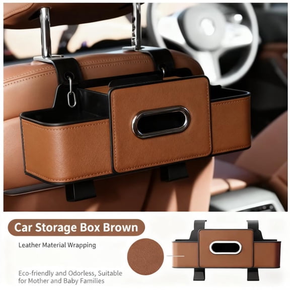 Molaner Car Seat Back Organizer, Stylish & Functional Universal Fit Leather Headrest Storage with Cup Holders and Tissue Box Holder, Brown