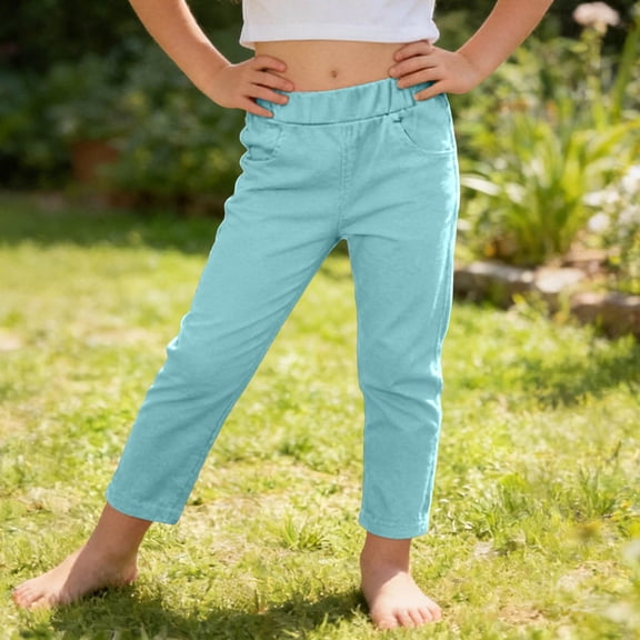 Xdegoge Girls Casual Pull On Trousers Elastic Waist Lightweight Straight Leg Pants with Pockets Comfortable Everyday Lounge Wear Bottoms 3-13Years